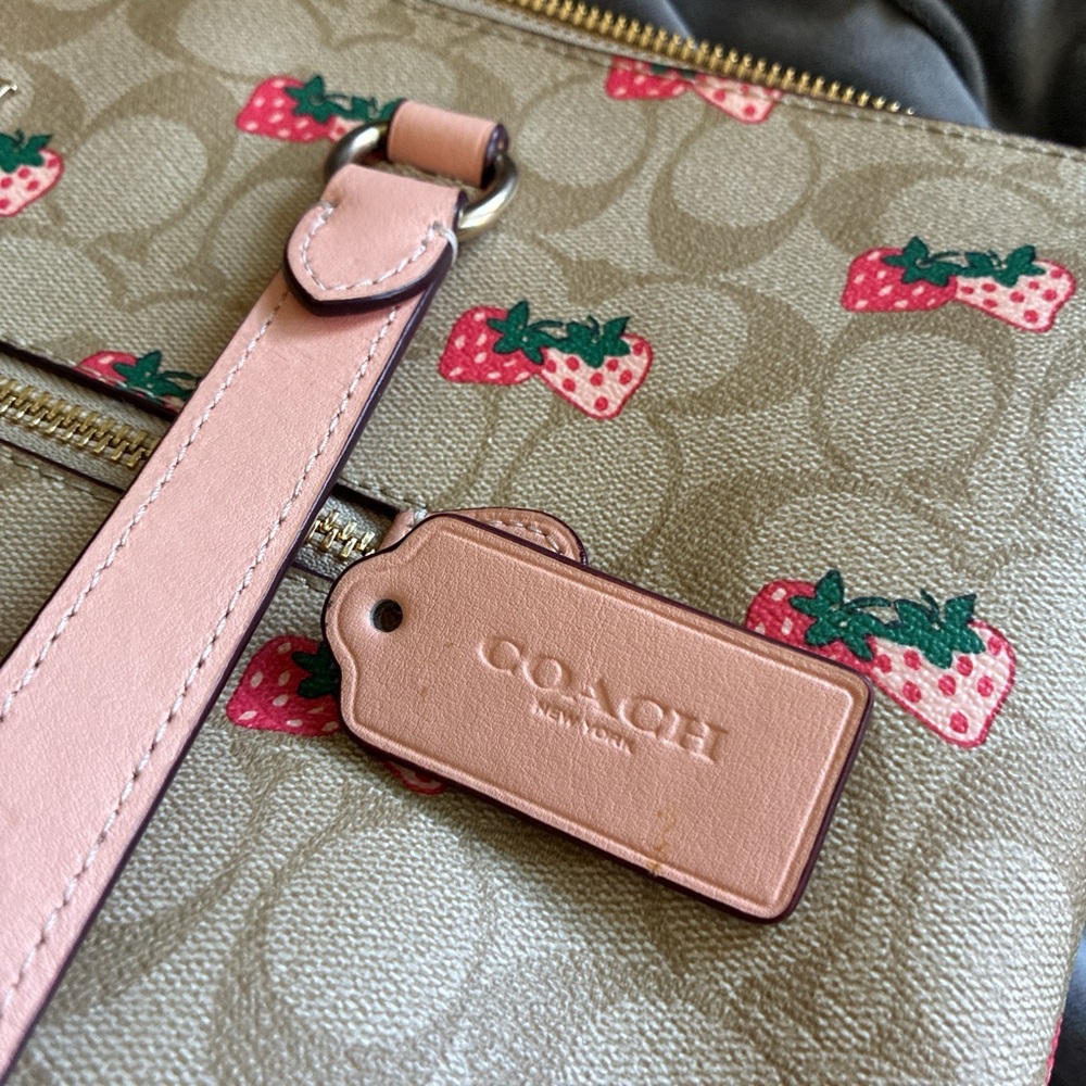 Coach Tan Signature Strawberry Print Tote with Pink Leather Straps - Picture 5 of 6